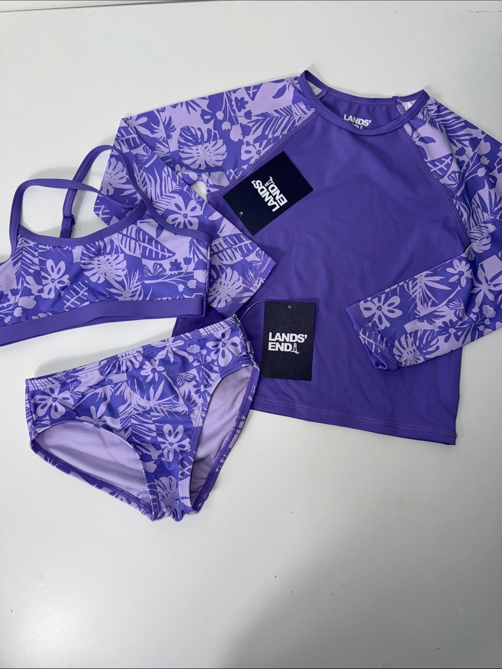 Lands' End Purple Floral Girls' Rashguard Bikini Setsz 4/5 NWT